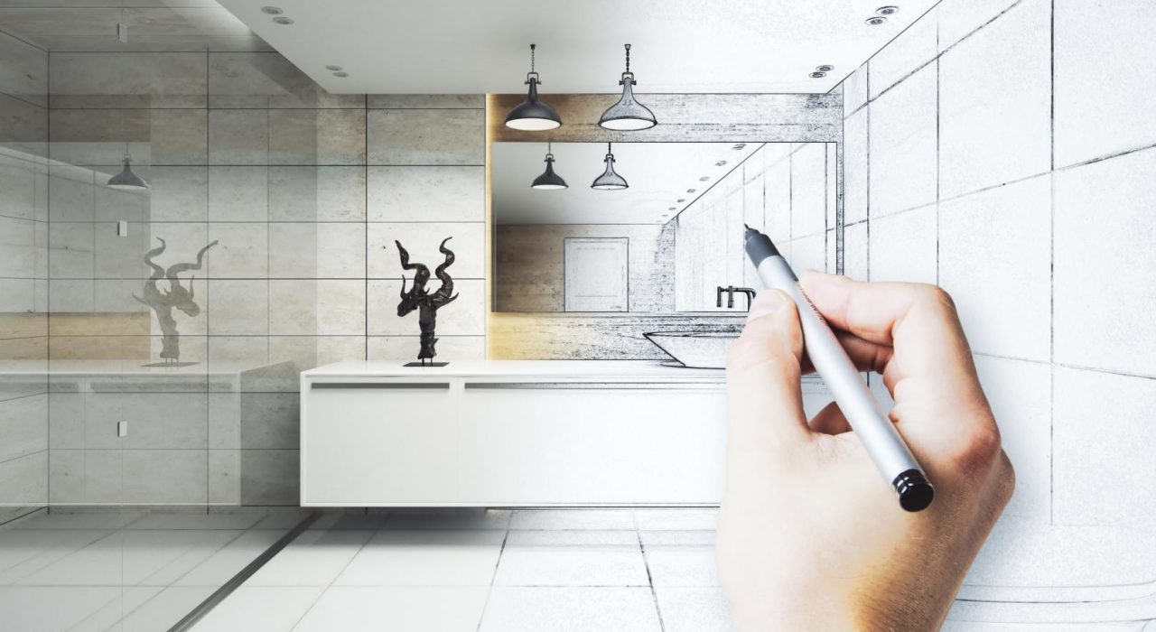 Hand drawing unfinished modern bathroom interior project with refelctions on wall. Engineering concept. 3D Rendering